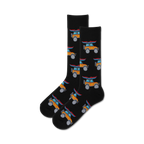 Pair of black crew socks with a repeating pattern of orange and blue jeeps carrying kayaks.