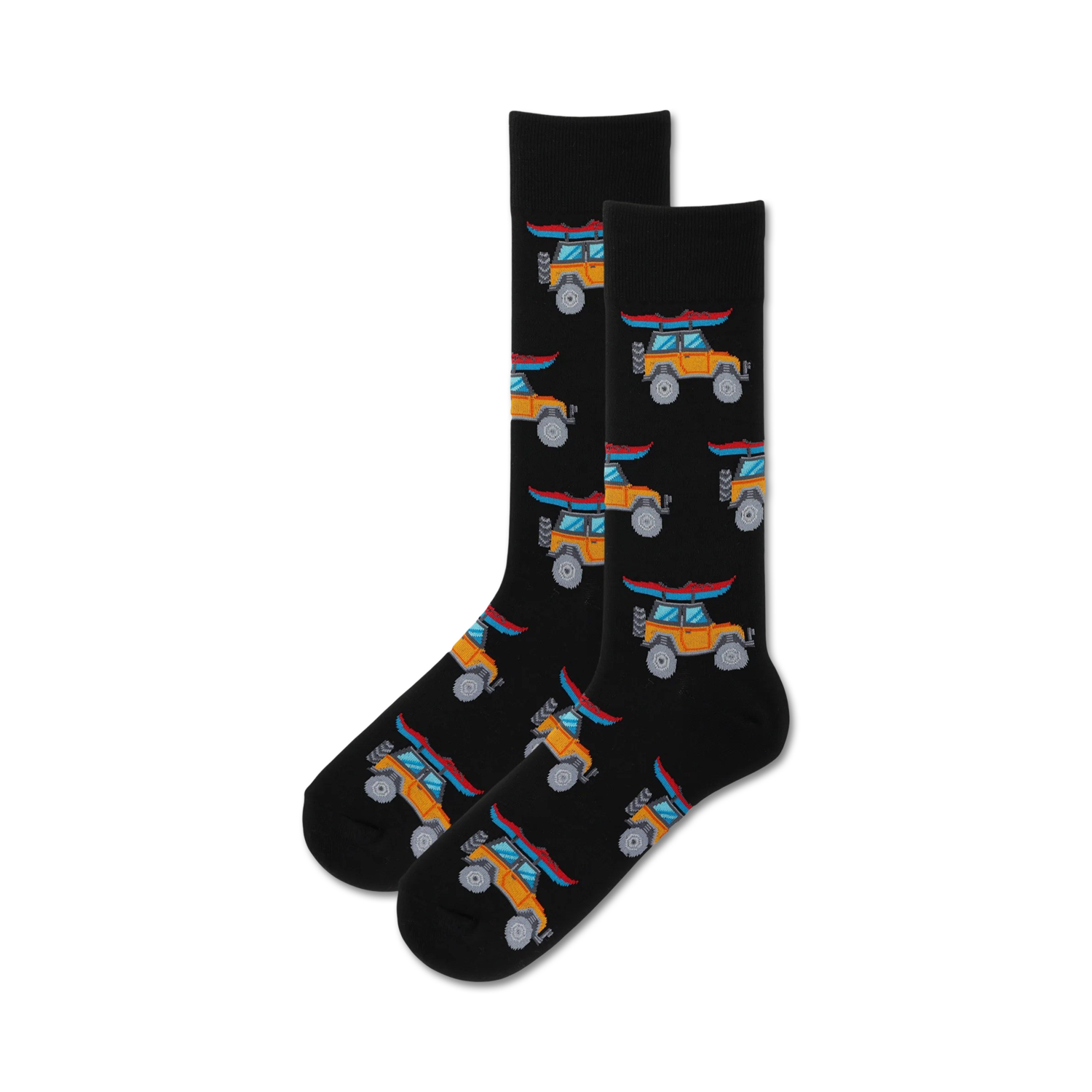 Pair of black crew socks with a repeating pattern of orange and blue jeeps carrying kayaks.