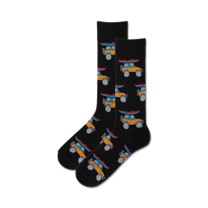 mens crew socks with orange and blue four-wheel drive vehicles with surfboards on the roof.   