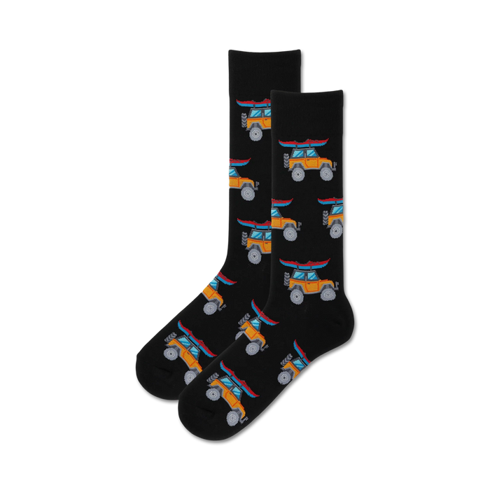 mens crew socks with orange and blue four-wheel drive vehicles with surfboards on the roof.   