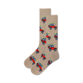 Close-up view of a pair of tan crew socks with a repeating pattern of red jeeps and kayaks.