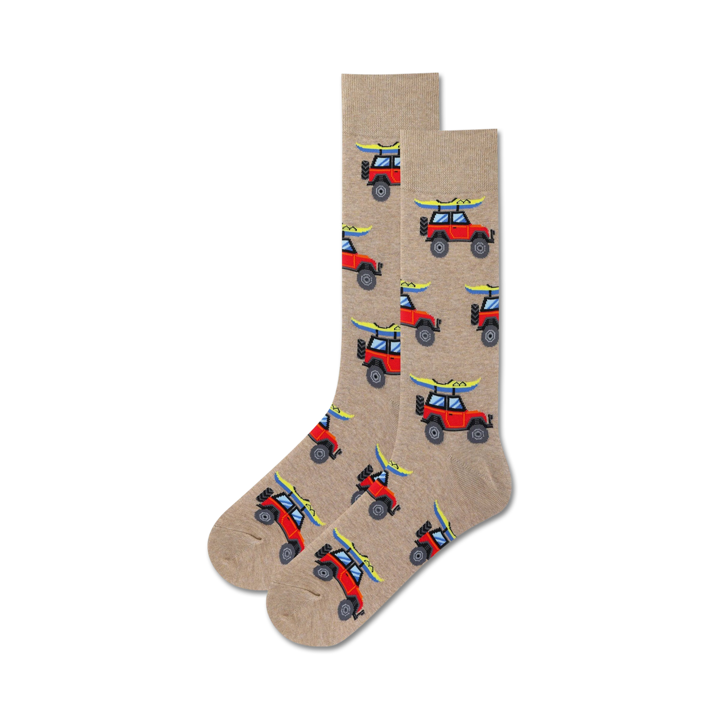 Close-up view of a pair of tan crew socks with a repeating pattern of red jeeps and kayaks.