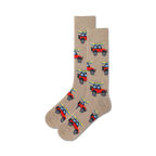 Close-up view of a pair of tan crew socks with a repeating pattern of red jeeps and kayaks.
