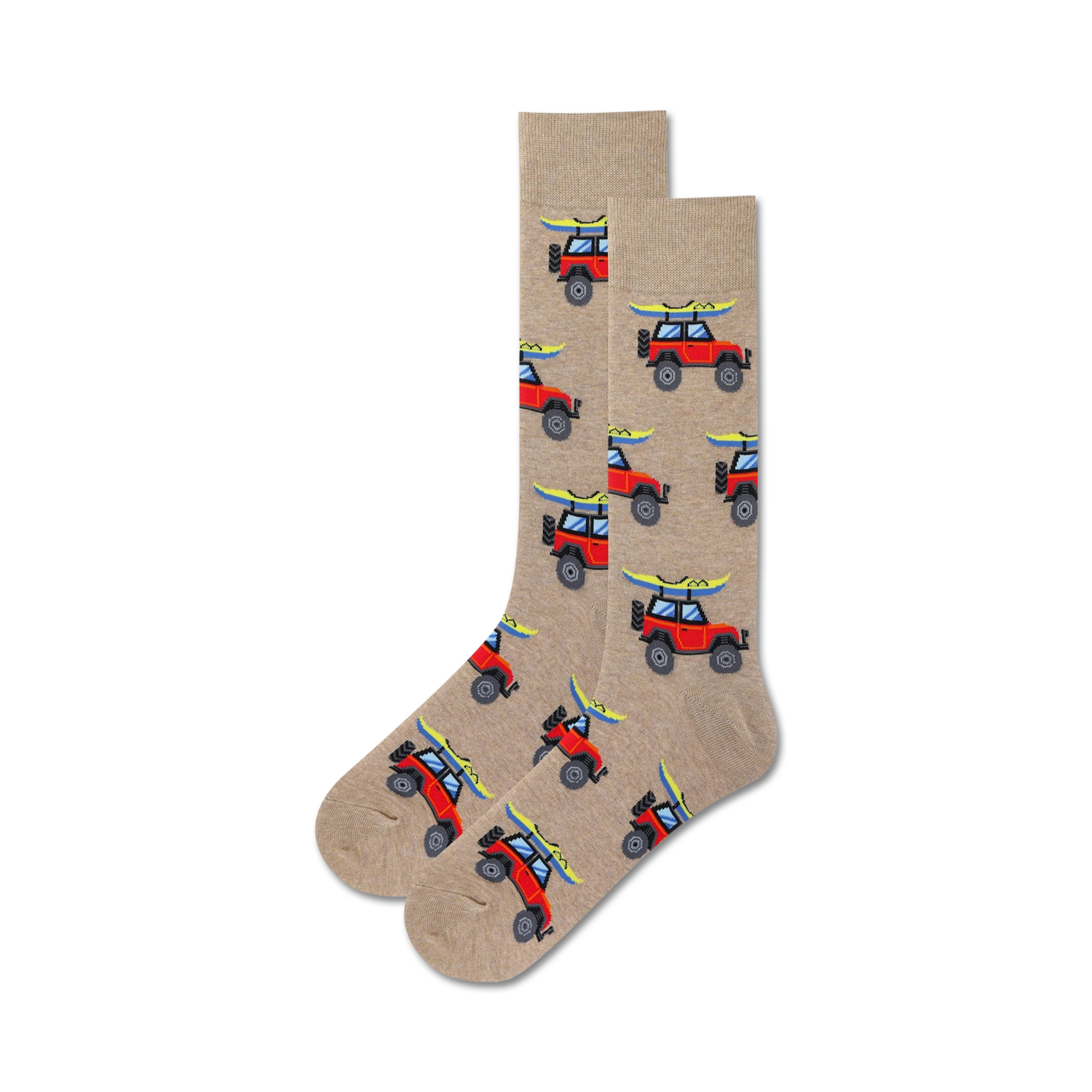 Close-up view of a pair of tan crew socks with a repeating pattern of red jeeps and kayaks.