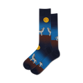 Pair of crew socks in navy, blue, and brown featuring howling wolves and a large yellow moon.  Striped design.