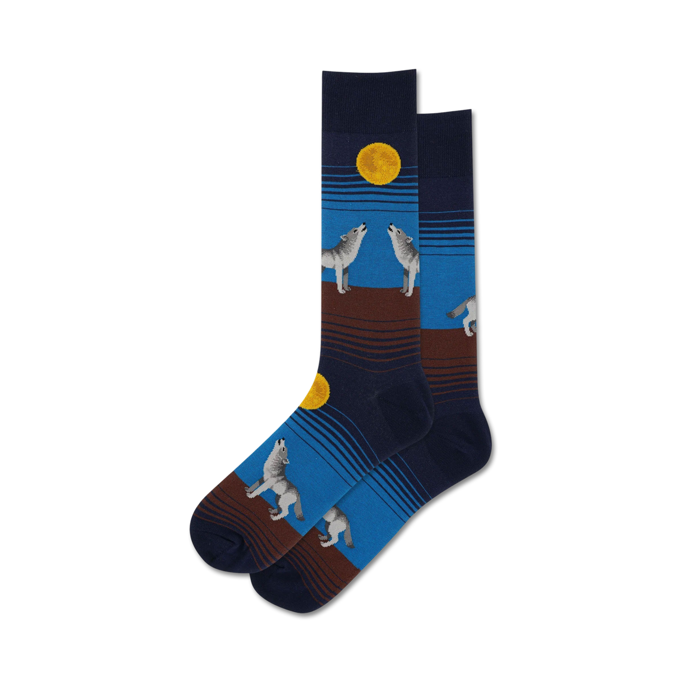 Pair of crew socks in navy, blue, and brown featuring howling wolves and a large yellow moon.  Striped design.