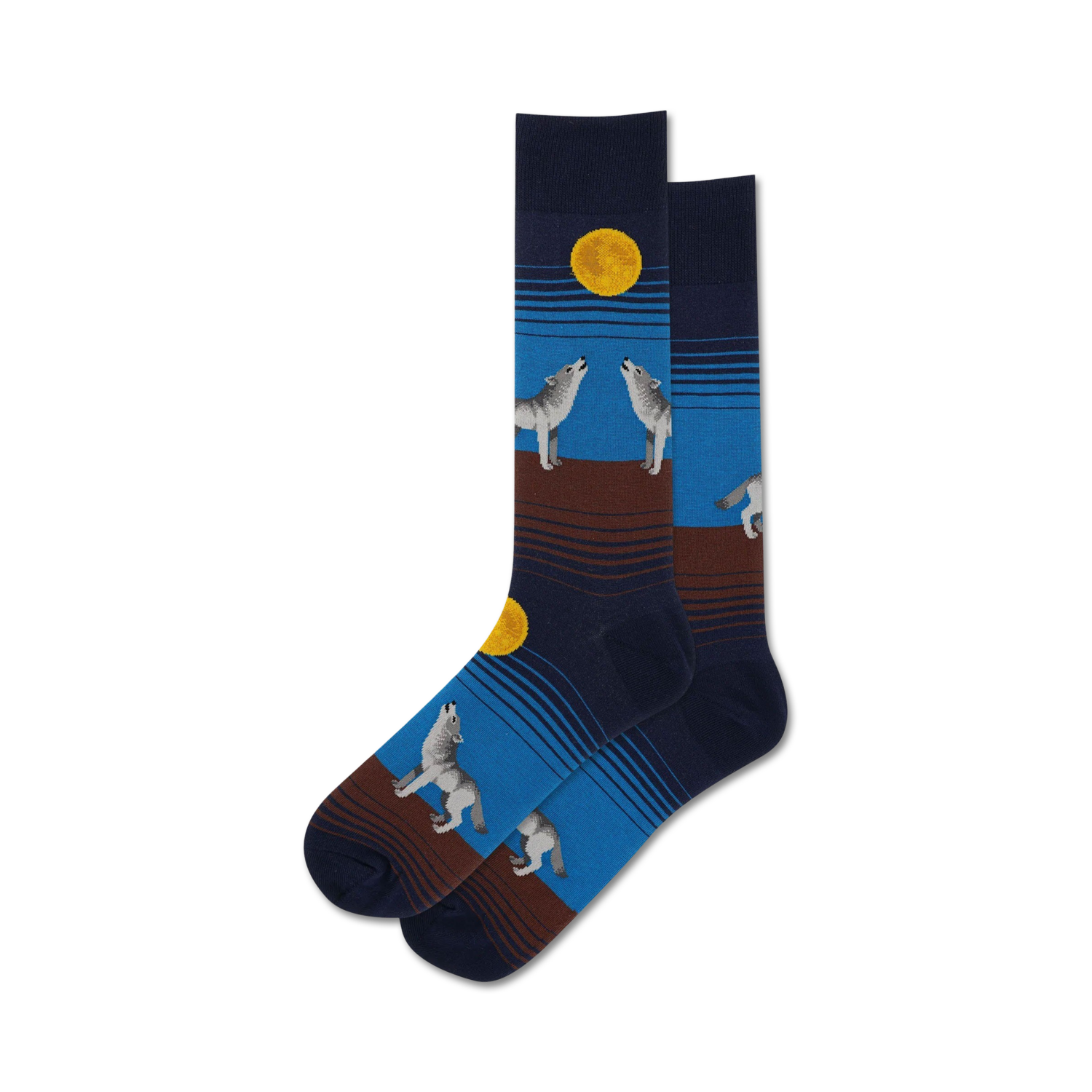 Pair of crew socks in navy, blue, and brown featuring howling wolves and a large yellow moon.  Striped design.