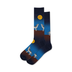   mens crew socks feature howling gray and white wolves under yellow moon on a dark blue background with blue and brown stripes.  