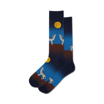   mens crew socks feature howling gray and white wolves under yellow moon on a dark blue background with blue and brown stripes.  