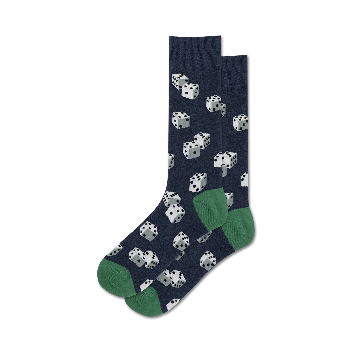 Pair of navy crew socks with a white dice pattern and green cuffs. 