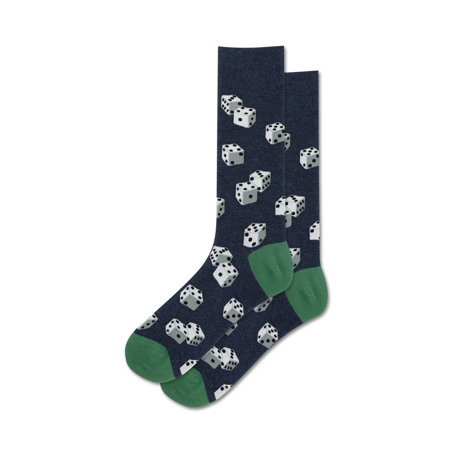 Pair of navy crew socks with a white dice pattern and green cuffs. 