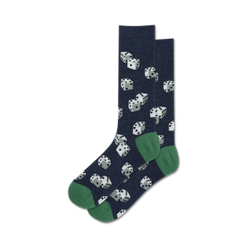dark blue crew socks with white dice pattern have green top.  