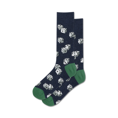 Pair of navy crew socks with a white dice pattern and green cuffs.