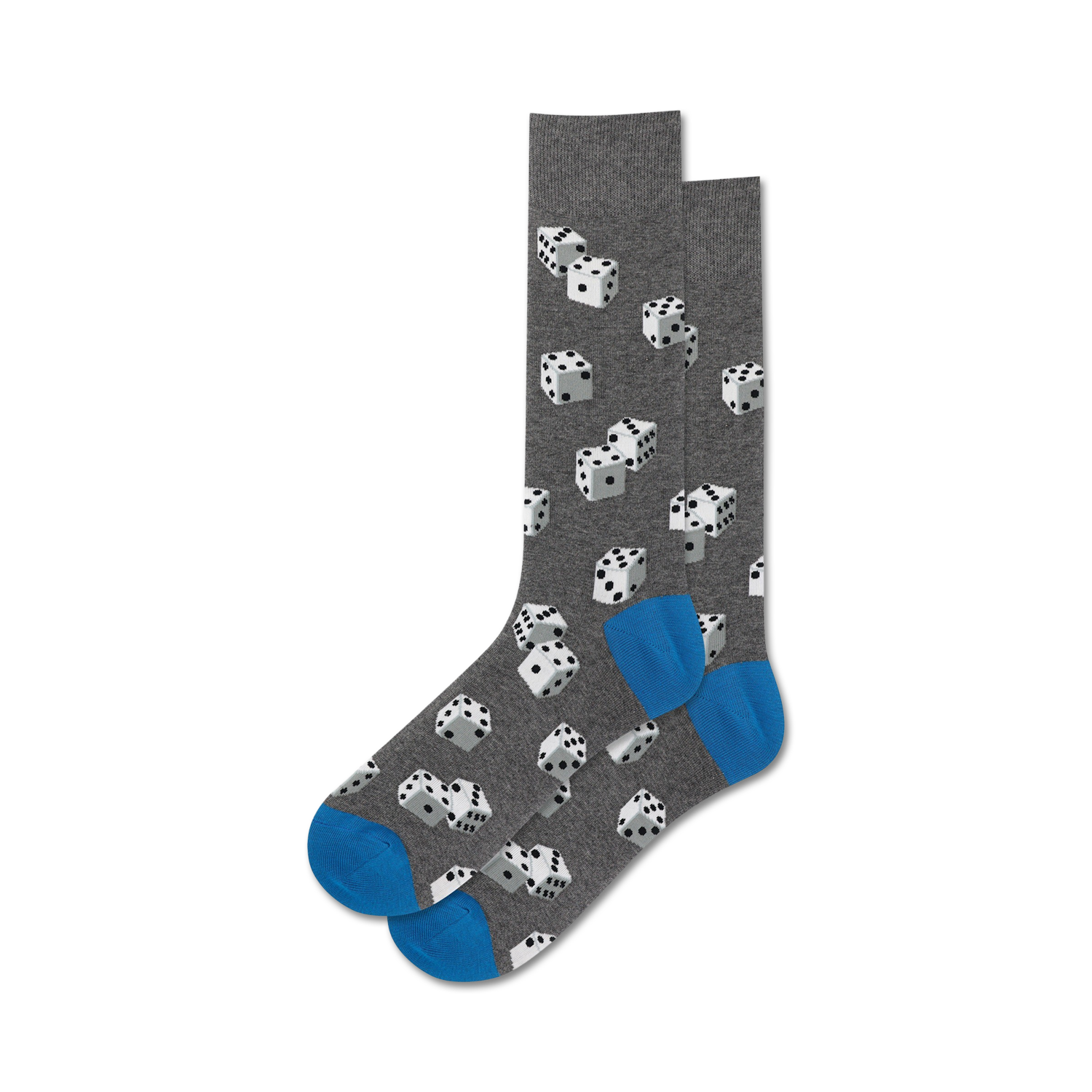 A pair of grey crew socks with a white dice pattern and blue cuffs.