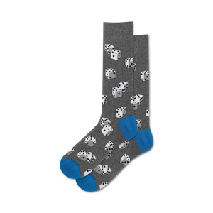 men's gray crew socks with white dice pattern, blue toes and heels  