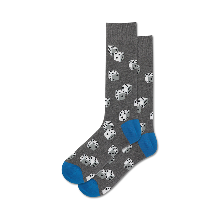 men's gray crew socks with white dice pattern, blue toes and heels  