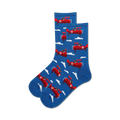 A pair of crew socks in blue featuring a repeating pattern of red airplanes piloted by dogs. 