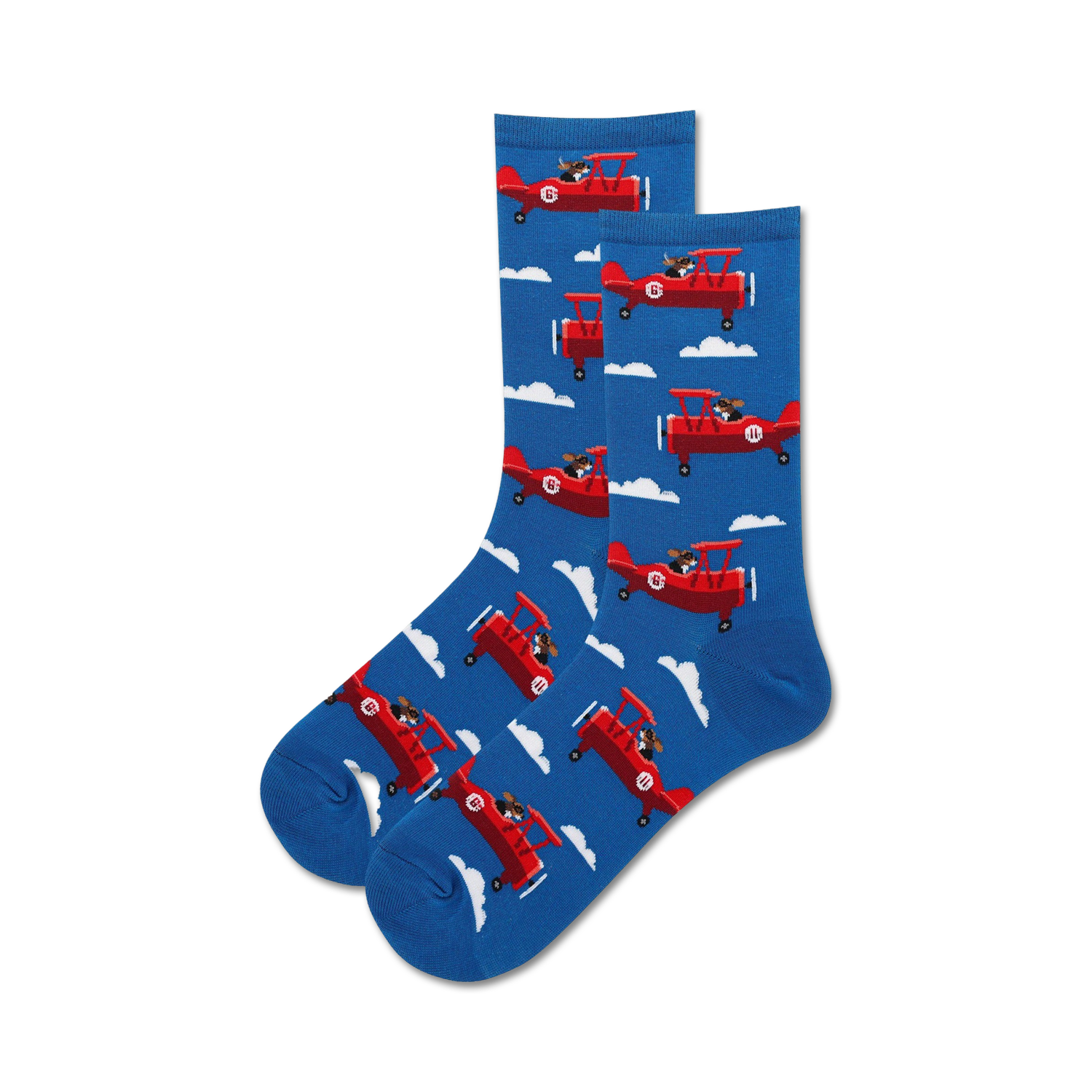 A pair of crew socks in blue featuring a repeating pattern of red airplanes piloted by dogs. 
