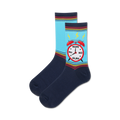 A pair of crew socks with a light blue background and navy blue heel and toe. A red alarm clock with the words 'NOPE, No, NO, uh,No' is featured on the socks.