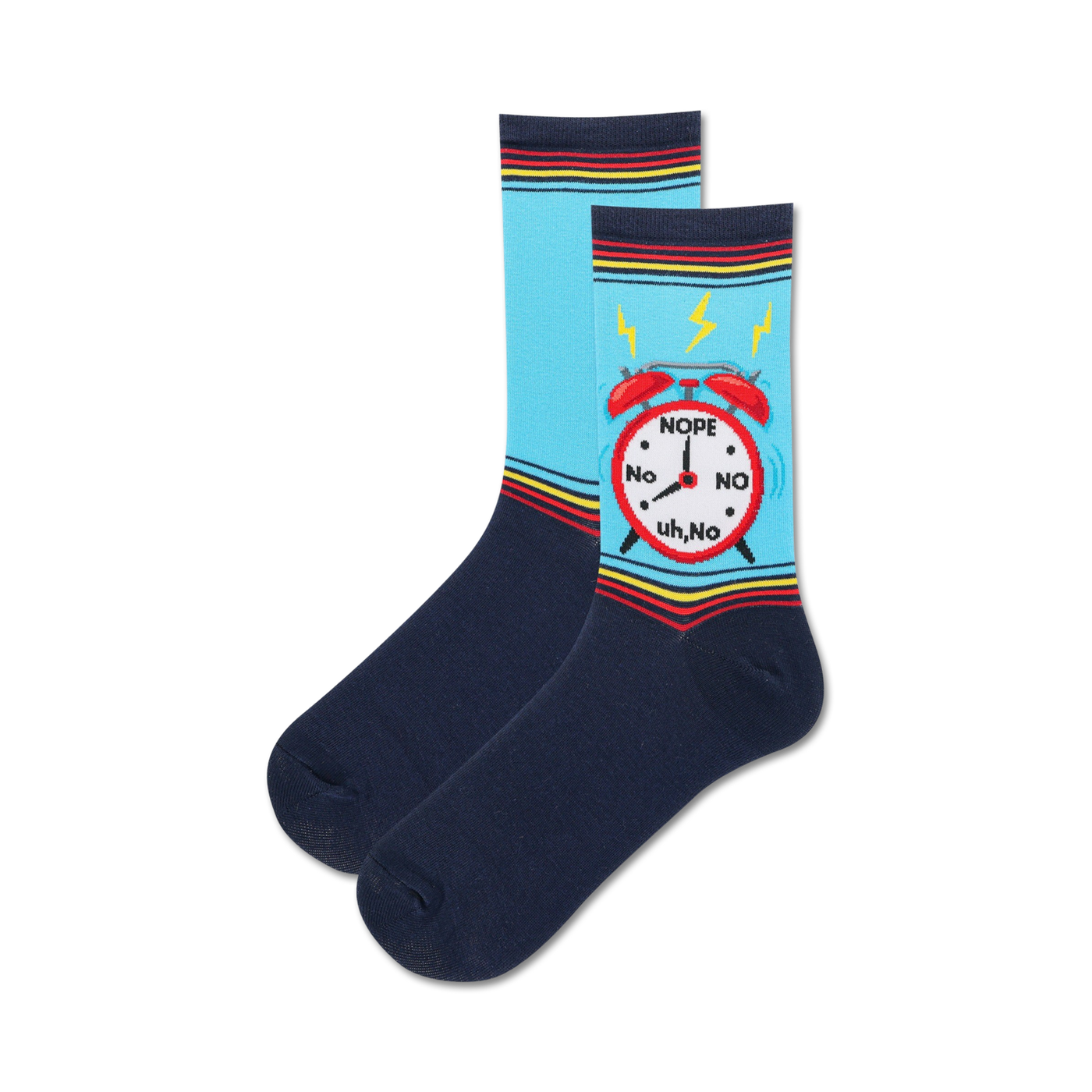 A pair of crew socks with a light blue background and navy blue heel and toe. A red alarm clock with the words 'NOPE, No, NO, uh,No' is featured on the socks.