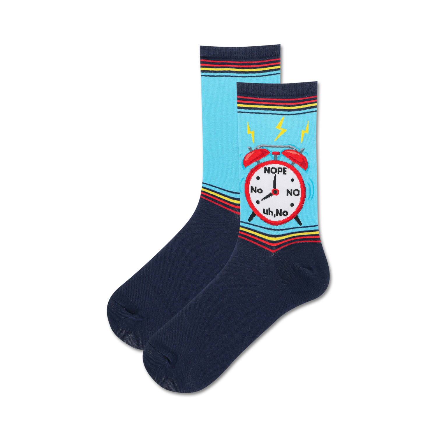 A pair of crew socks with a light blue background and navy blue heel and toe. A red alarm clock with the words 'NOPE, No, NO, uh,No' is featured on the socks.