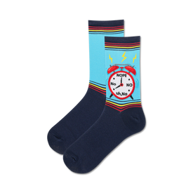 blue crew socks with pattern of alarm clocks with red bells and yellow lightning bolts and hands that point to words such as no, nope uh uh