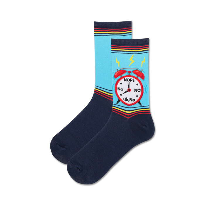 blue crew socks with pattern of alarm clocks with red bells and yellow lightning bolts and hands that point to words such as no, nope uh uh }}