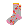 Pair of grey crew socks with a pattern of red, yellow, and blue roller skates and pink accents.