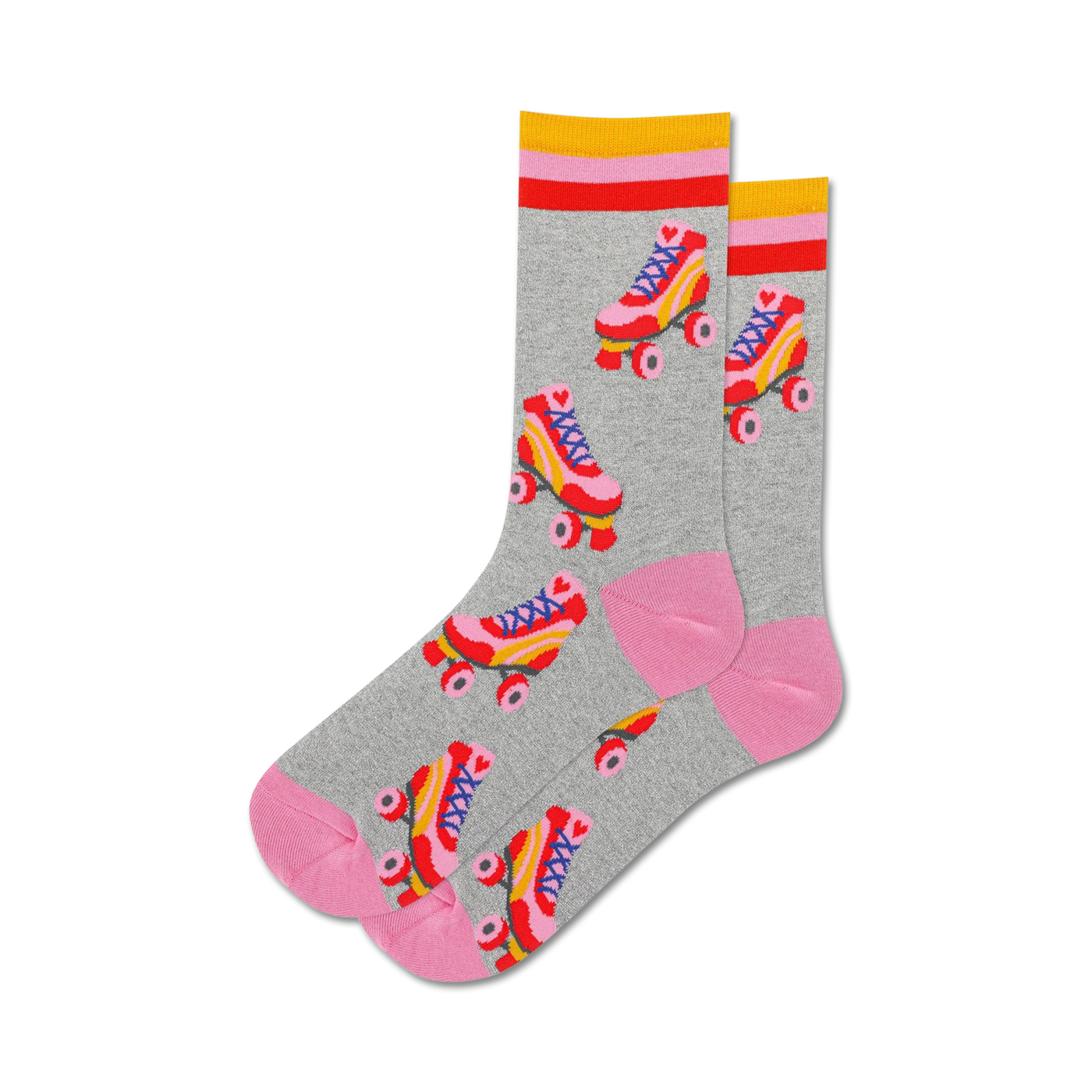 Pair of grey crew socks with a pattern of red, yellow, and blue roller skates and pink accents.