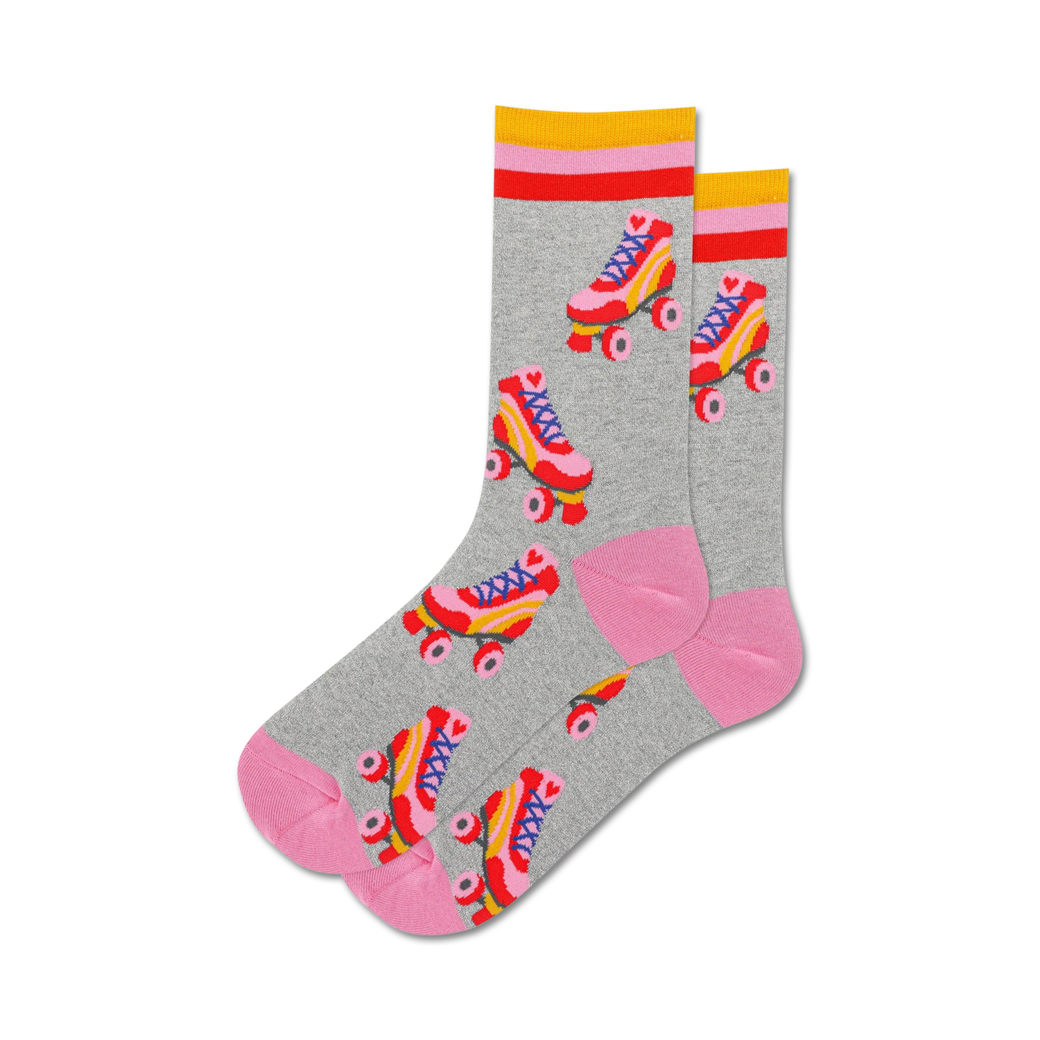 Pair of grey crew socks with a pattern of red, yellow, and blue roller skates and pink accents.