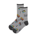 Pair of grey crew socks with colorful retro cassette tape designs. The tapes are orange, yellow, and blue.