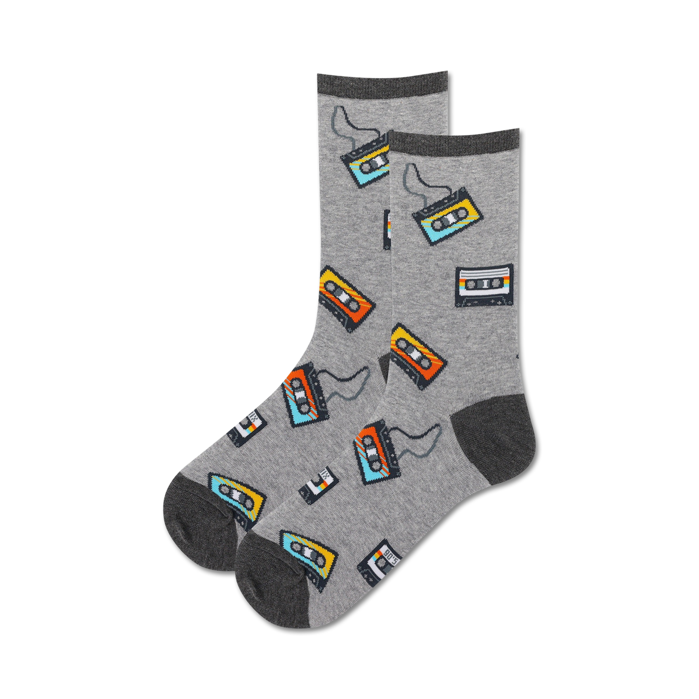 Pair of grey crew socks with colorful retro cassette tape designs. The tapes are orange, yellow, and blue.