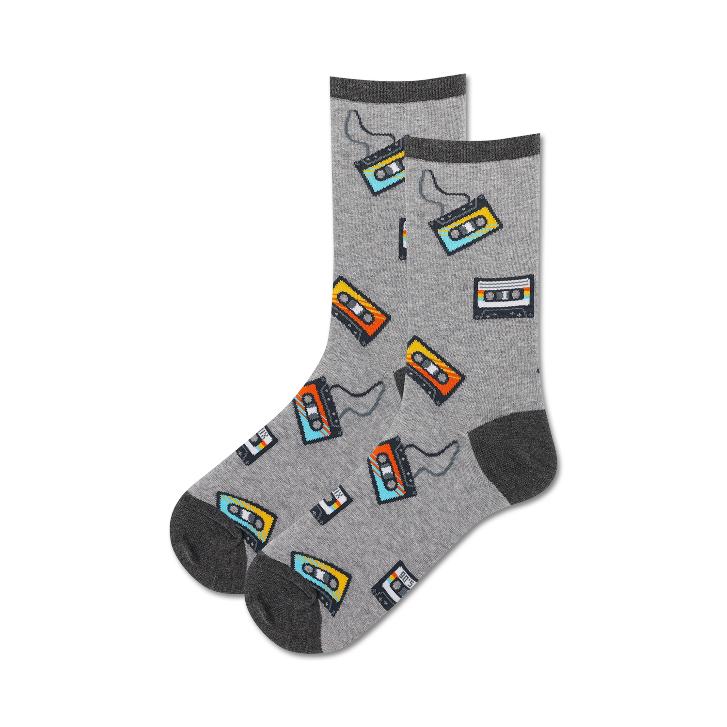 Pair of grey crew socks with colorful retro cassette tape designs. The tapes are orange, yellow, and blue.