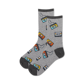 womens crew socks featuring colorful cassette tapes.   