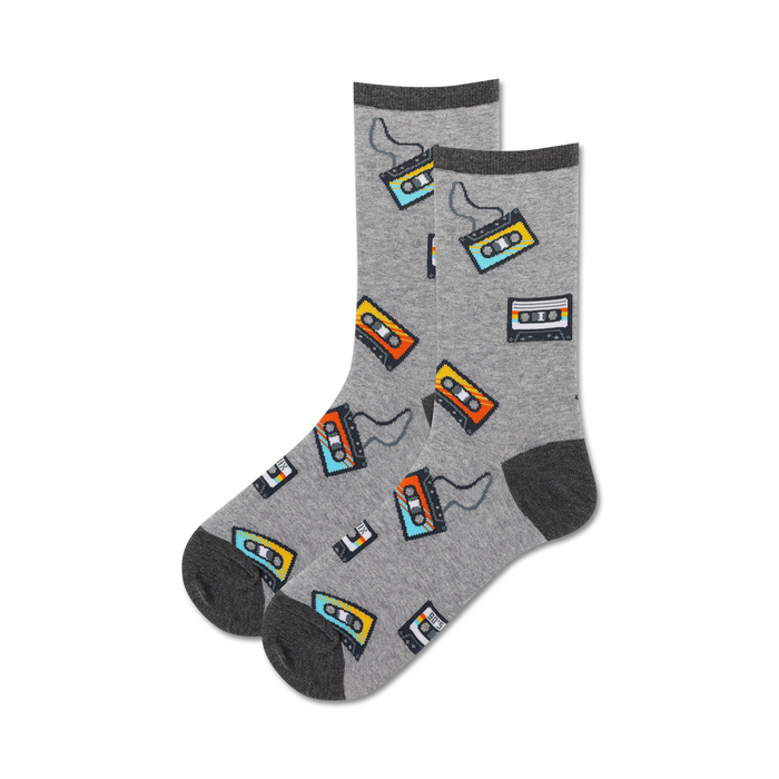 womens crew socks featuring colorful cassette tapes.    }}