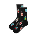 Pair of black crew socks with colorful fruit seltzer can designs.  Features peach, cherry, and lemon cans with straws.