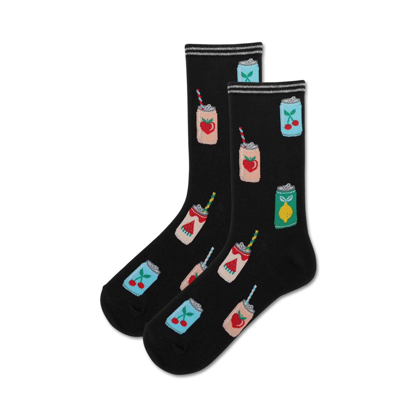 Pair of black crew socks with colorful fruit seltzer can designs.  Features peach, cherry, and lemon cans with straws.
