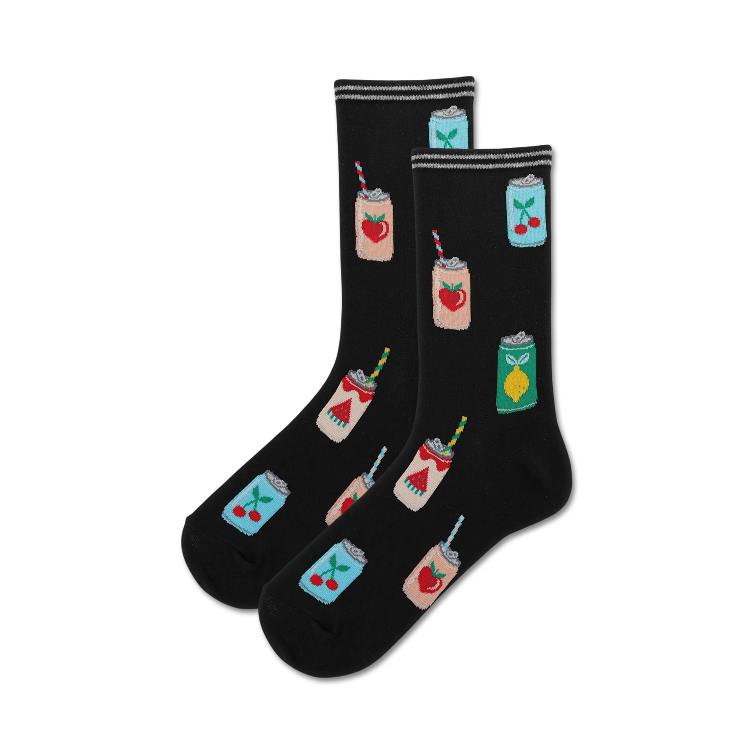 Pair of black crew socks with colorful fruit seltzer can designs.  Features peach, cherry, and lemon cans with straws.