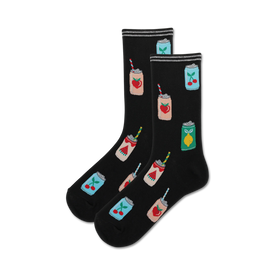 black crew socks covered in colorful sparkling water cans with cherry, lemon, watermelon, strawberry, and peach flavors.  