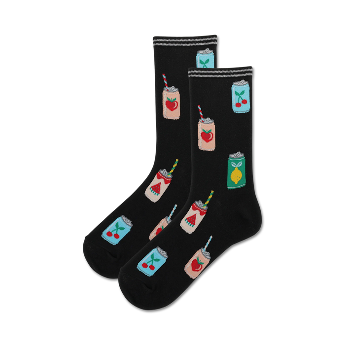 black crew socks covered in colorful sparkling water cans with cherry, lemon, watermelon, strawberry, and peach flavors.   }}