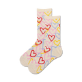 Pair of beige crew socks adorned with a playful pattern of hand-drawn hearts in pink, red, yellow, and blue.