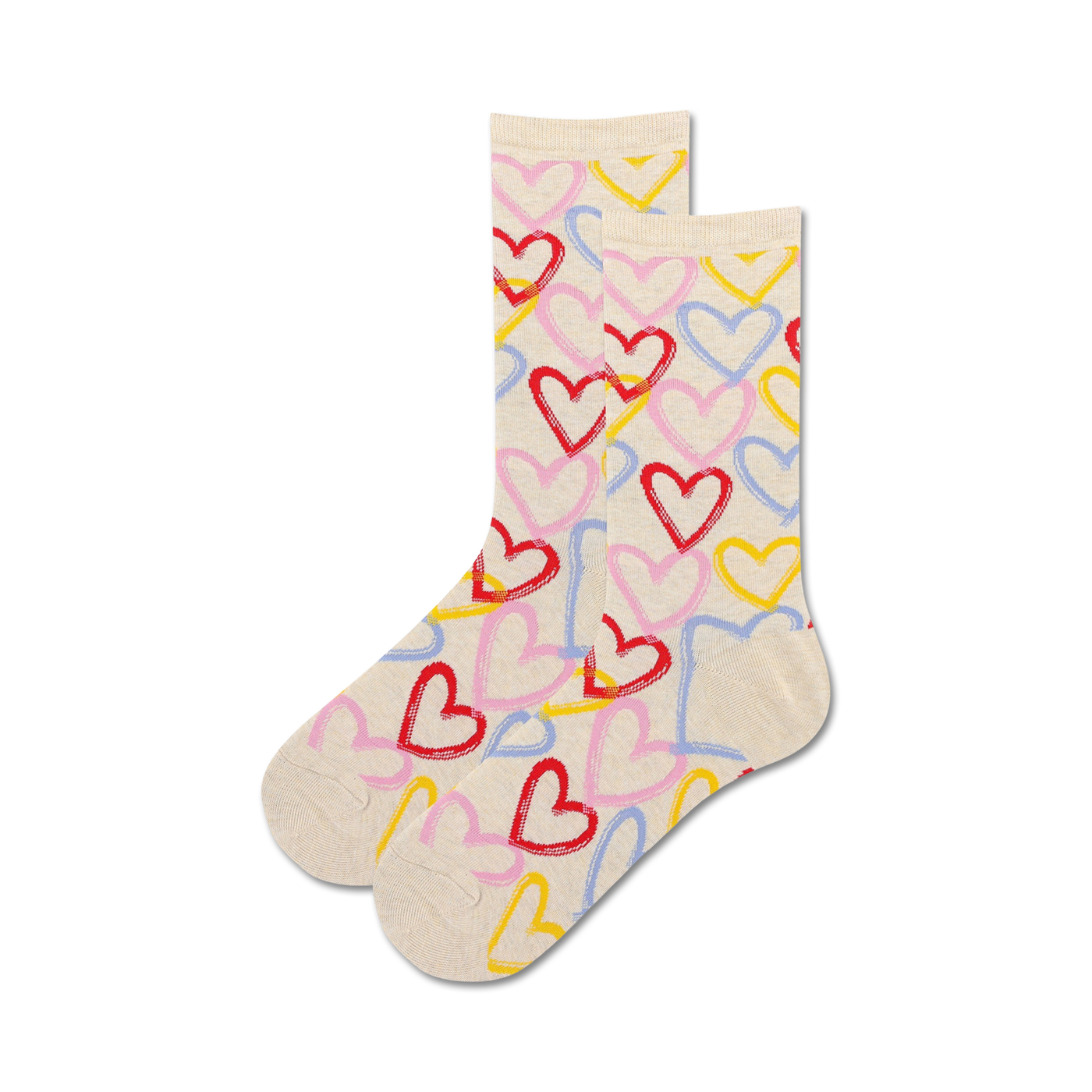 Pair of beige crew socks adorned with a playful pattern of hand-drawn hearts in pink, red, yellow, and blue.