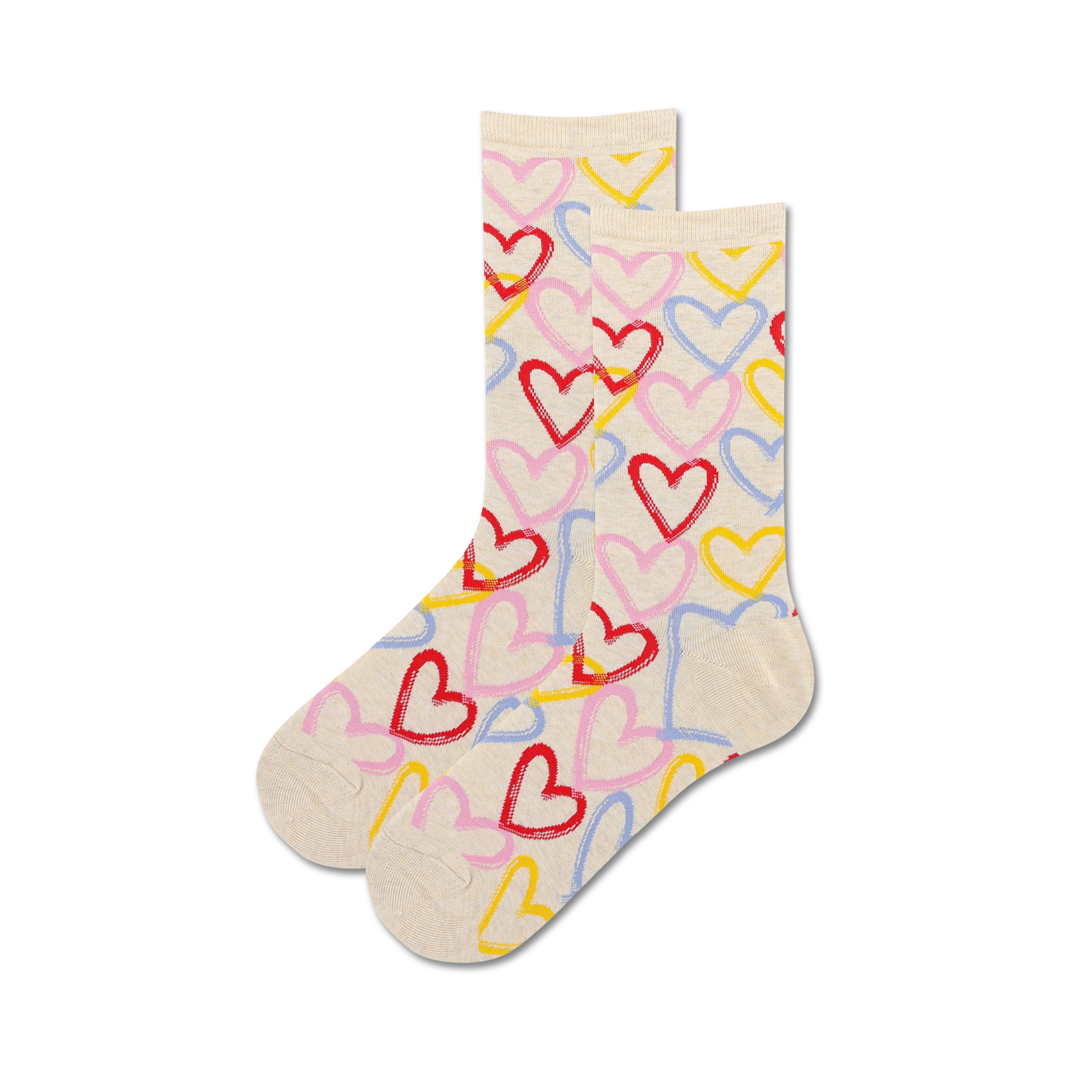 Pair of beige crew socks adorned with a playful pattern of hand-drawn hearts in pink, red, yellow, and blue.