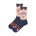 Pair of crew socks in navy blue with cream and rainbow designs.  Features 'Be Nice' text and colorful checkered cuffs.