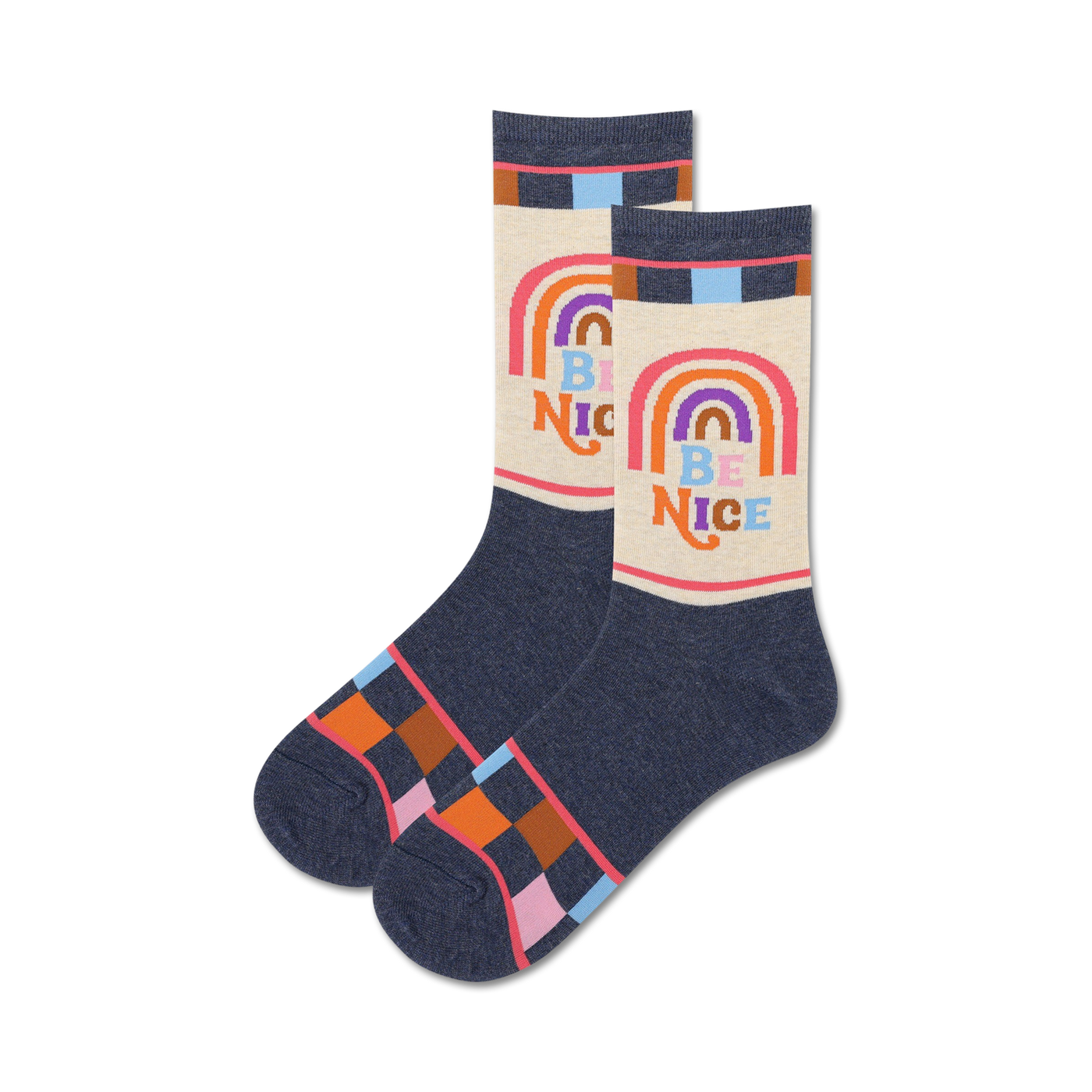 Pair of crew socks in navy blue with cream and rainbow designs.  Features 'Be Nice' text and colorful checkered cuffs.