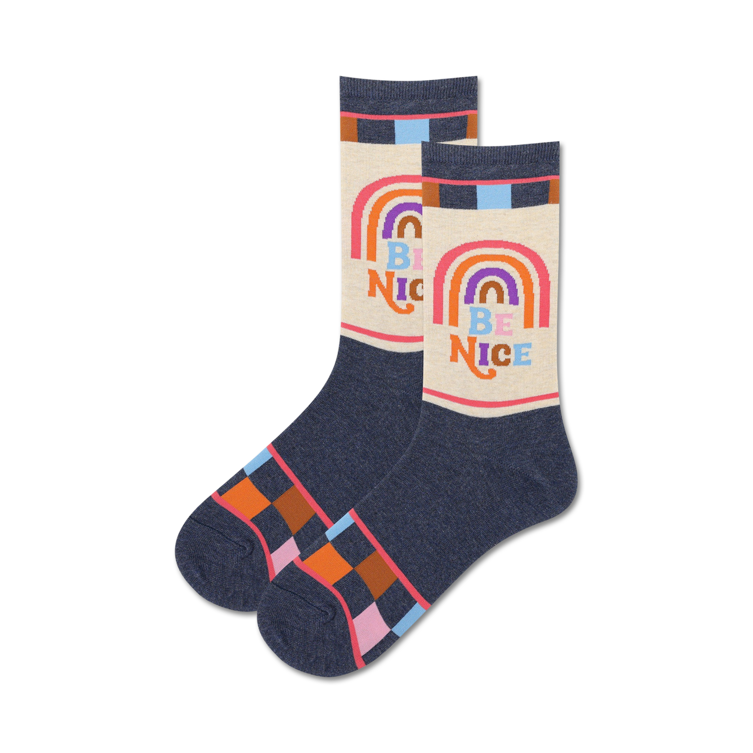 Pair of crew socks in navy blue with cream and rainbow designs.  Features 'Be Nice' text and colorful checkered cuffs.