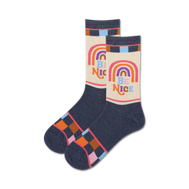 dark blue crew socks with rainbow and "be nice" message; positive, comfortable, women's sock.  