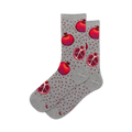 Pair of grey crew socks with a pattern of red pomegranates and small red dots.  A fun and fruity design!
