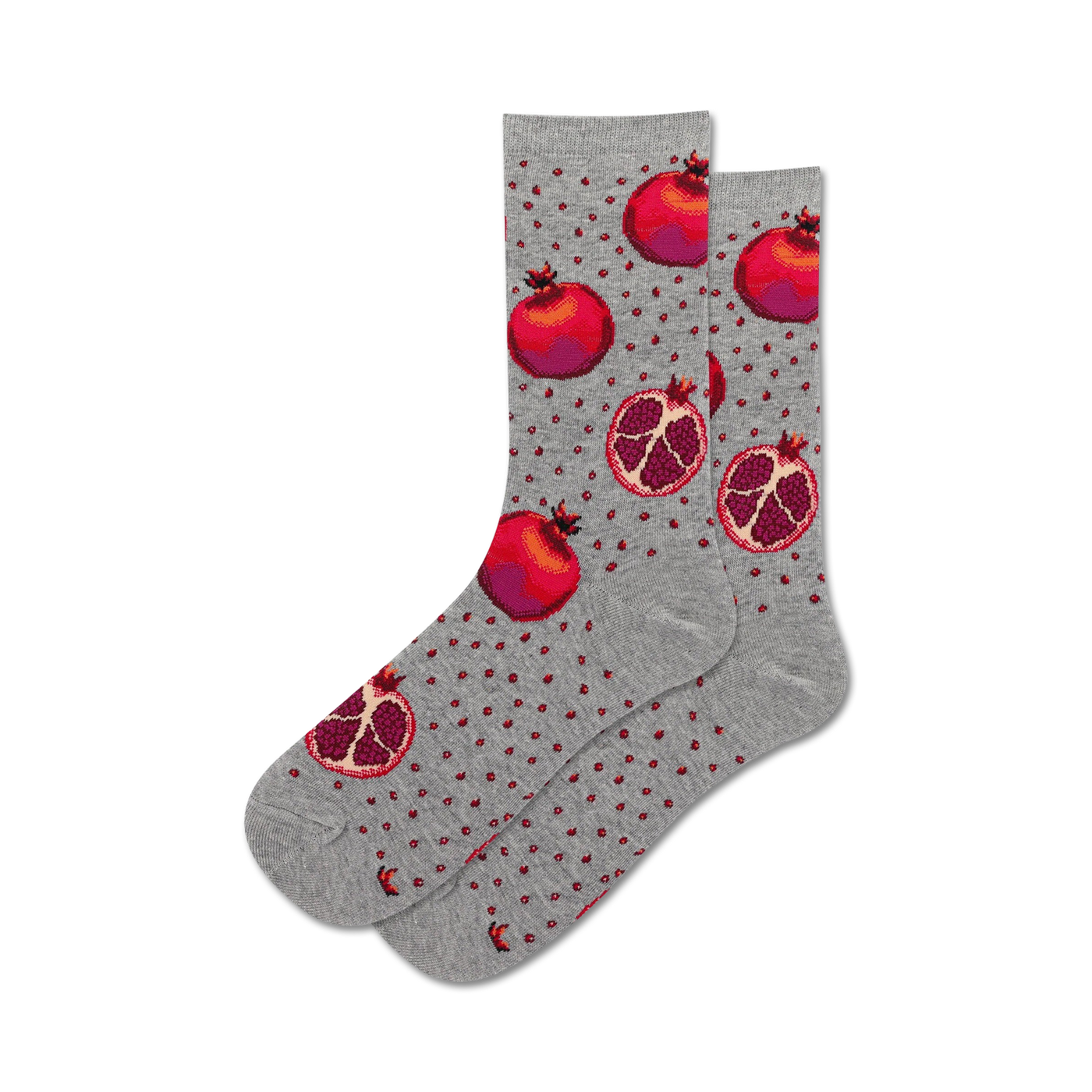 Pair of grey crew socks with a pattern of red pomegranates and small red dots.  A fun and fruity design!