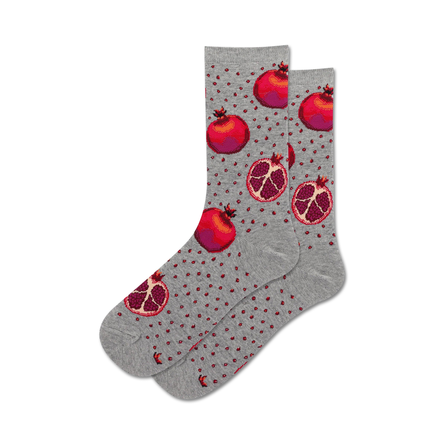 Pair of grey crew socks with a pattern of red pomegranates and small red dots.  A fun and fruity design!